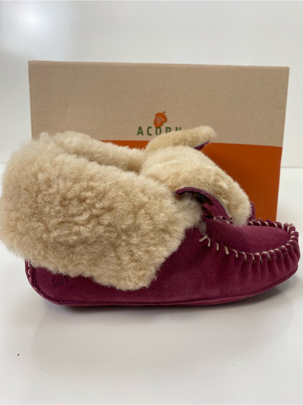 Acorn Women's Burgundy Suede Shearling Moccasin Booties - Picture 2 of 5